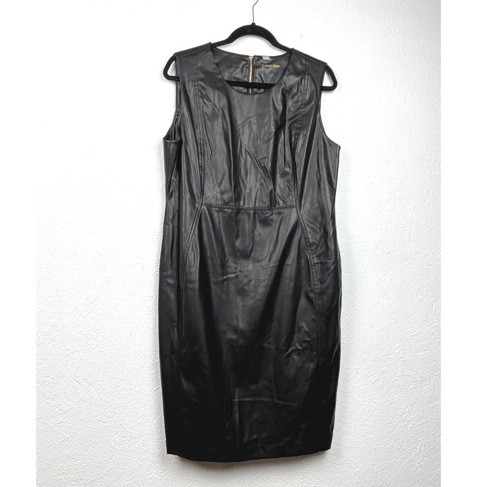 Calvin Klein Black Faux Leather Sheath Dress - 16 - Sleeveless Edgy Chic